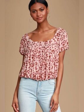 Free People Meg's Blouse Blush Pink Leopard Print Top , sz : medium